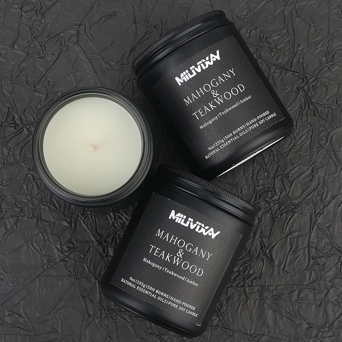 MILIVIXAY Candle for Men Mahogany & Teakwood Scented Classic 9oz Jar Single Wick Candle, Soy Wax Candles for Consistent Burn, Over 50 Hours of Burn Time, Ideal for Creating Relaxing & Holiday Gifting.