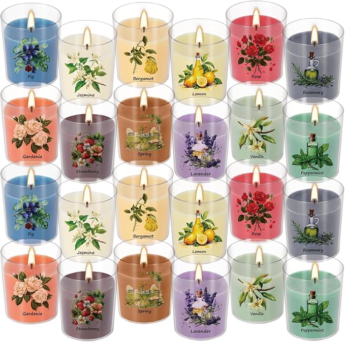 Aromatherapy Candles Set - 24 Pack Scented Candles with 12 Natural Fragrances, Votive Candles in Clear Plastic Jars for Home Decor, Stress Relief, Sleep, Ideal Gift for Women,Mother's Day, Birthday.