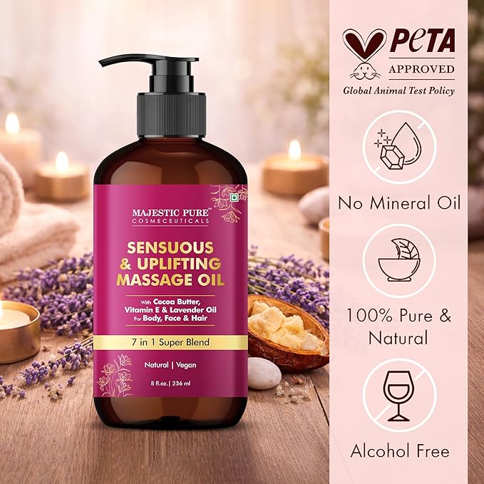 MAJESTIC PURE Cocoa Massage Oil for Massage Therapy - Refreshing, and Relaxing - Natural Oils with Cocoa Butter, Vitamin E & Lavender Oil - for All Skin Types - Men and Women Massage Lotion - 8 fl oz