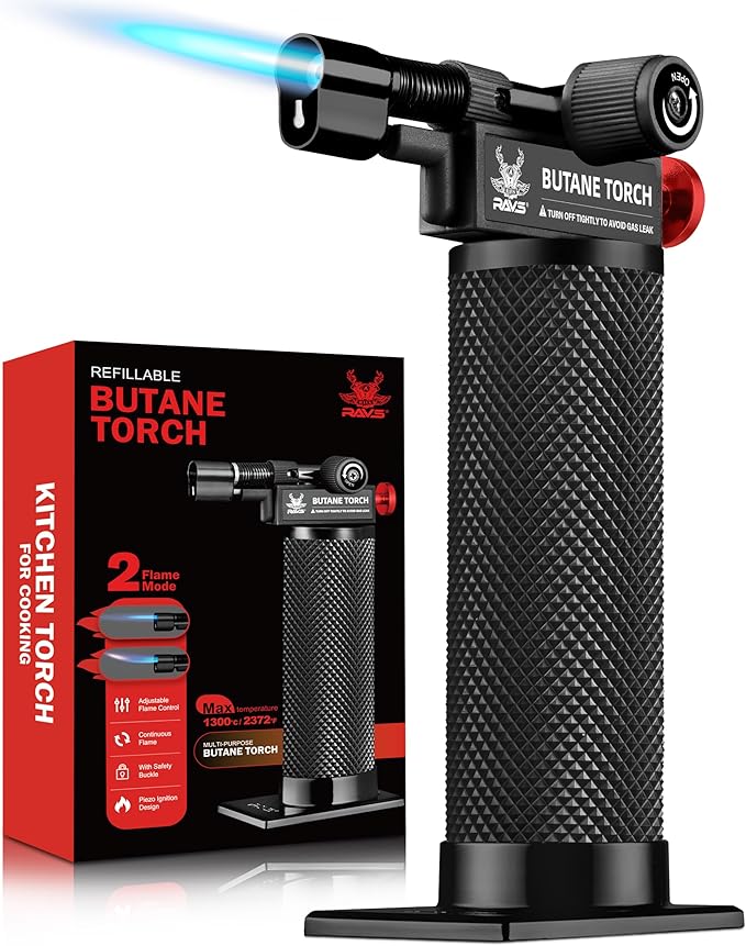 RAVS Butane Torch Lighter, DUAL Flame Mode Kitchen Torch with Adjustable Flame, Refillable Creme Brulee Torch for Baking, Cooking, Metal Body Soldering Torch, Black/Red, Butane Gas Not Included