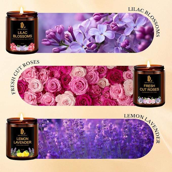 6 Pack Candles for Home Scented, Candles Gifts for Women Men, 42oz Soy Candle Set, Scents of Roses/Lemon Lavender/Vanilla Cupcake/Amber Patchouli/Lilac Blossoms/Mint Eucalyptus
