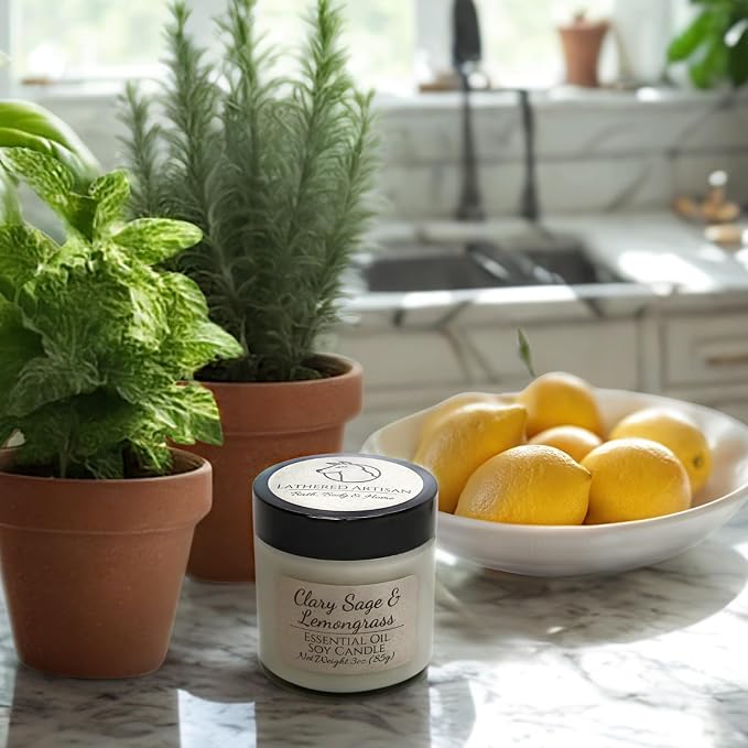 Clary Sage & Lemongrass Essential Oil Candle 3 oz, Hand Crafted Pure Soy Wax Candle, Wooden Wick, Dried Flowers, 23 Hour Burn Time, Natural Aromatherapy Glass Jar Candle with Lid by Lathered Artisan