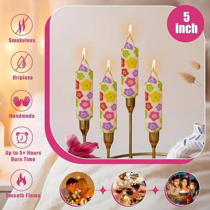 5 inch Short Candle Floral Candle Sticks Printed Candlestick Handmade Unscented Taper Candle 4 Pack Colorful Flower Tapered Candles for Home Dinner Wedding Holiday