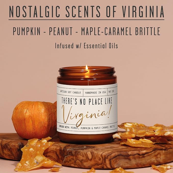 Virginia Gifts, Virginia Decor for Home - 'There's No Place Like Virginia Candle, w/Pumpkin, Peanut & Maple Brittle I Virginia Souvenirs I Virginia State Gifts I 9oz Jar, 50Hr Burn, USA Made