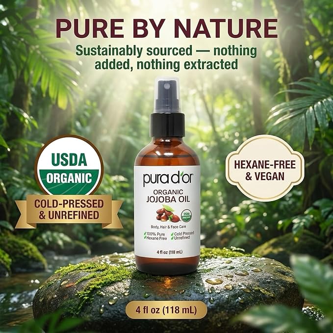 PURA D'OR Organic Jojoba Oil - USDA Certified - 100% Pure & Natural Moisturizer - Cold Pressed, Unrefined, Hexane Free, Skin Care, Hair, Body, Face & Nails, DYI Carrier Oil 4 Oz - Hair Regrowth Tonic