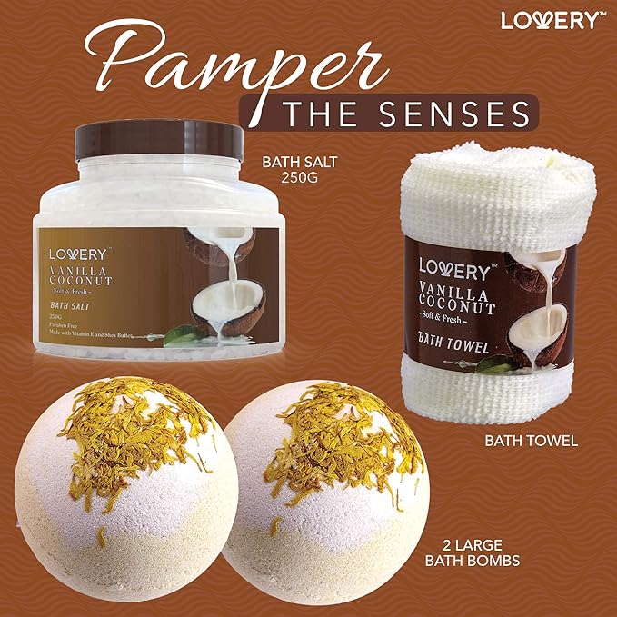 Gifts For Women Gift Basket for Women– 9 Piece Set of Vanilla Coconut Home Spa Set, Luxurious Gifts for Her, Bath and Body Sets Includes Fragrant Lotions, Large Bath Bombs, Coconut Oil