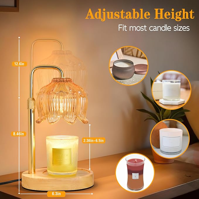 Candle Warmer Lamp with Timer Dimmer, Adjustable Height Candle Wax Warmer, Christmas Birthday Gift for Mom Women,House Warming Gifts for New Home Bedroom Decor,(Lotus Flower-Amber)