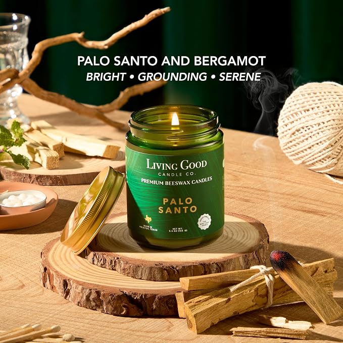 Palo Santo & Bergamot Beeswax Candle – Non Toxic Scented Candle, Clean Burning Aromatherapy Candle for Stress Relief, Grounded & Balanced, Gift for Women & Men - 5.5 OZ