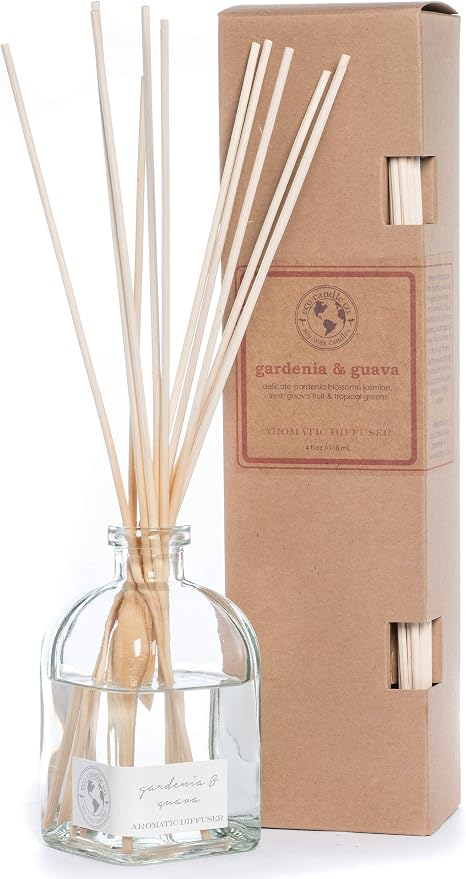 ECO CANDLE CO. Reed Diffuser Set, Gardenia & Guava, 4 oz. - Scents of Gardenia, Jasmine, Guava, & Tropical Greens - Premium Fragrance and Essential Oil Blends, Clear Glass, 12 Reeds, Recycled Box