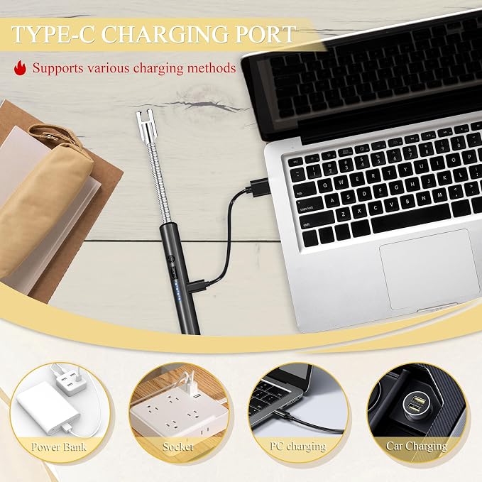Electric Lighter, Candle Lighter Flameless Windproof with 360° Flexible Neck & LED Power Display, Type C Arc Rechargeable Lighters for BBQ, Camping, Cooking, Gift for Christmas, Thanksgiving, Birthday