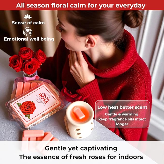 TRUMIRI Fresh Rose Scented Wax Melts - Made with Non Toxic Soy Wax and Essential Oils - Long Lasting Strong Scent Pet Safe Floral Candle Wax Cubes Tarts for Warmers Pack of 4