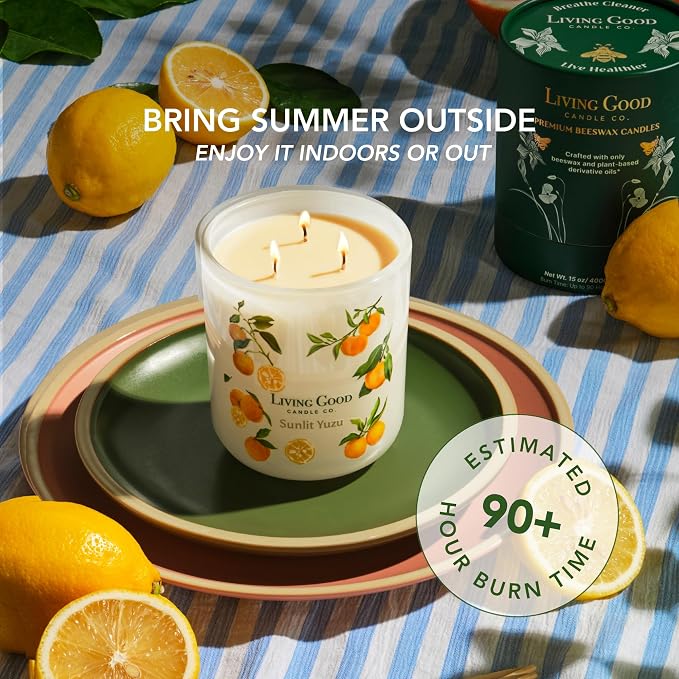 Sunlit Yuzu Pure Beeswax Candle – Bright Summer Citrus, Lemon & Grapefruit Essential Oils, Non-Toxic Clean Burn, 90+ Hour Burn Time, Uplifting Aromatherapy Gift for Women & Men