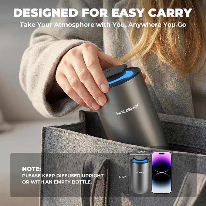 HAUSHOF Waterless Essential Oil Diffuser for Home & Car, Smart Aromatherapy Scent Diffuser with Auto On/Off, 3 Mist Levels & 3 Color Lights, Rechargeable Portable Design, Premium Silver Metal Finish