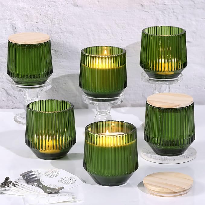 simeitol 13 OZ Candle Jar for Making Candles - 6 Pack Green Candle Jars, Ribbed Glass Candle Jars Bulk, with Bamboo Lids and Candle Wick Kit, Candle Making Kit for Making Candle Containers