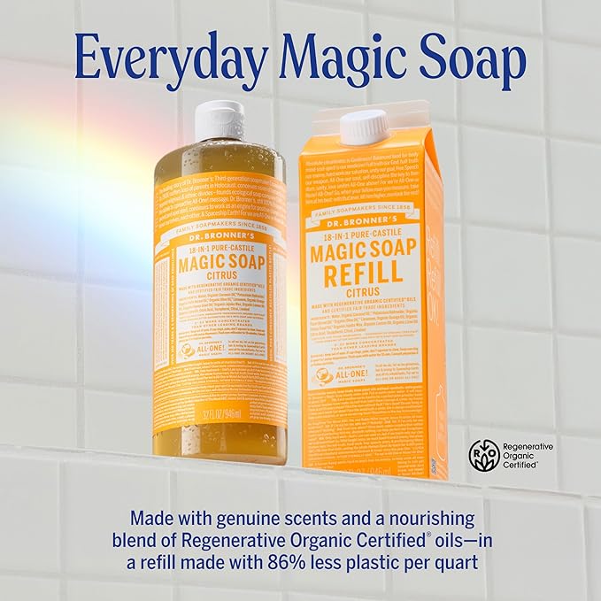 Dr. Bronner's Magic Soap-Pure-Castile Liquid Refill (Citrus, 32 ounce, 1-Pack) - Made with Regenerative Organic Certified Oils, For Body, Hair, Laundry, Pets & Dishes - Concentrated, Vegan, Non-GMO