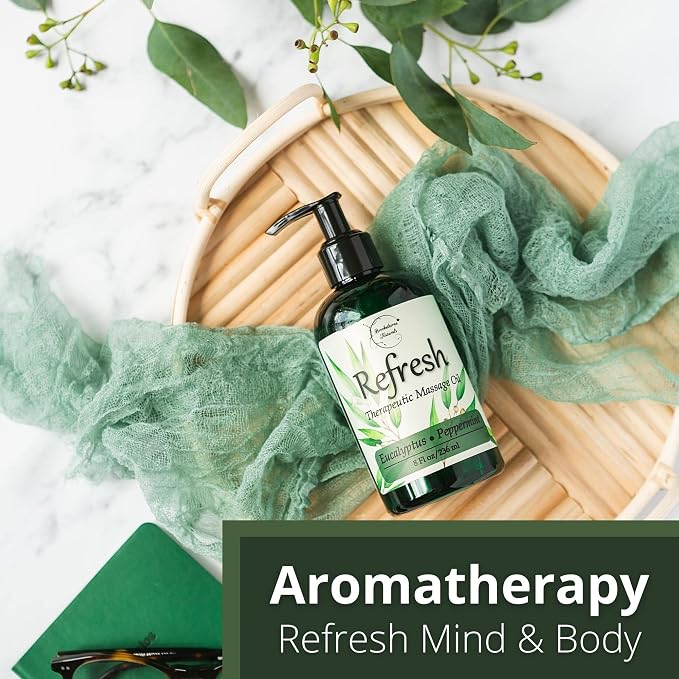 Refresh Massage Oil for Massage Therapy with Eucalyptus & Peppermint Essential Oils - All Natural - Ideal for Full Body Relaxation – Nut Free Formula 8oz