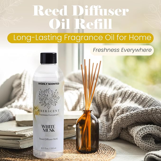 White Musk Aberscent Premium Reed Diffuser Oil Refill (8.5 Fl Oz/250ml) – Long-Lasting Fragrance Oil for Home, Office & Spa – Relaxing Scent, Luxury Hotel-Style Aroma
