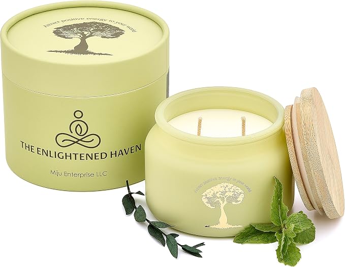 Eucalyptus and Peppermint Meditation and Yoga Candle for Healing Clarity and Rejuvenation - 50 Hour Clean Burning Soy Wax - 2-Wick Aromatherapy Focus Candle with Guided Materials- 9.5 oz