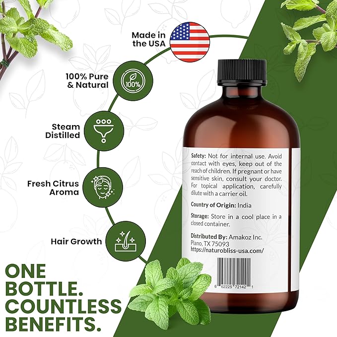 NaturoBliss Peppermint Essential Oil, 100% Pure and Natural Therapeutic Grade, Premium Quality Peppermint Oil, 4 fl. Oz - Perfect for Aromatherapy and Relaxation