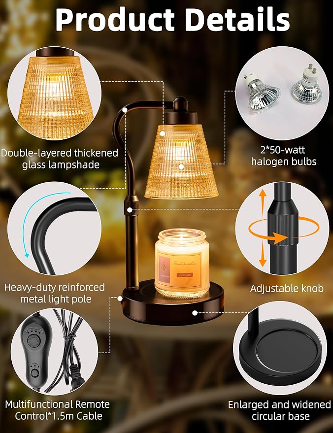 Candle Warmer Lamp for Jar Candles, Height Adjustable & Dimmable with 2/4/8H Timer, 2*50W Halogen Wax Melter Warmer for Home Office Décor, Flameless & Smokeless, Gift for Women Mom, Black-Amber/1 Pack