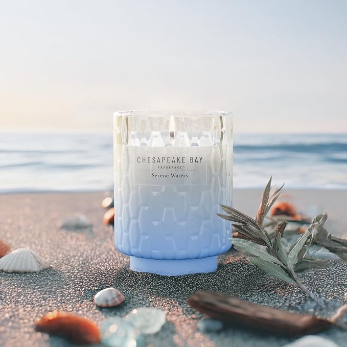 Chesapeake Bay, 8oz Serene Waters Scented Candle, Mood Evoking Fragrance, Textured Sea Glass-Inspired Jar, Premium Soy Blend Wax with Essential Oils, Coastal Fragrance for Home Décor or Gifting