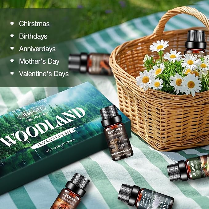 Wood Essential Oils Set, Woody Scent Fragrance Oil Kit, Aromatherapy Oils for Diffusers (6 * 10ML), Sandalwood &Vanilla, Forested Fir,Palo Santo&Mahogany,Cedar & Amber, Oud &Balsam,Hickory&Suede