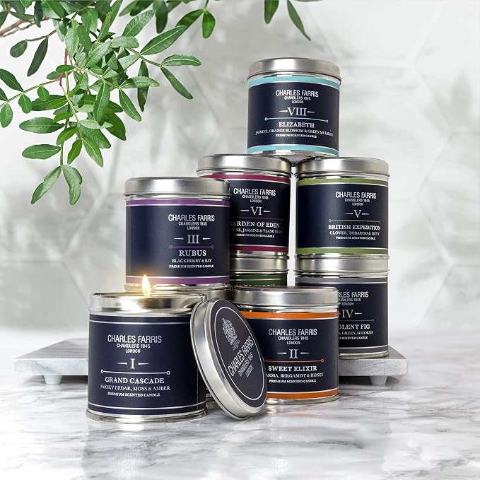 Charles Farris Luxury Scented Candle – Tin, Hand-Poured, Long Lasting, Clean Burning, 300g / 10.5oz, Burns for up to 40 Hours, Made in England – Wild Fig & Green Accords – Redolent Fig