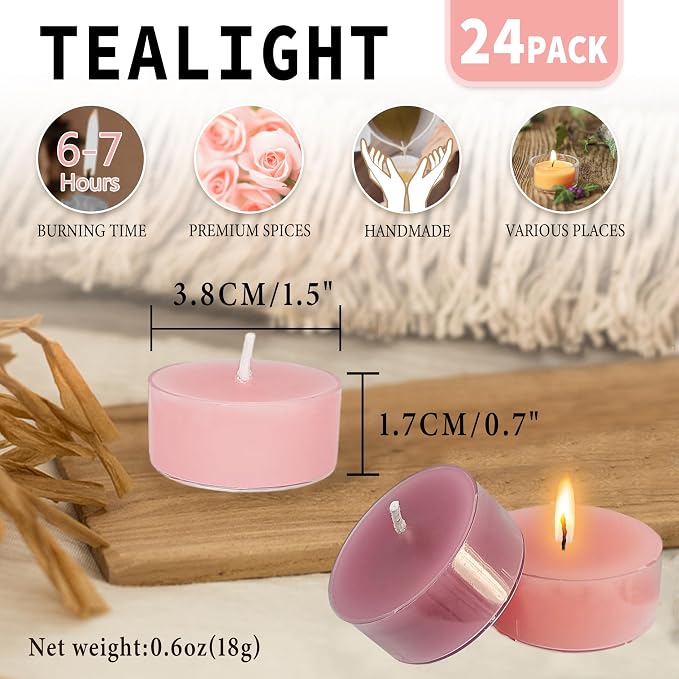 24 Color 6 Scented Tealight Candles, Colorful Scent Tea Lights Candles Clear Cup, 24 Pack Colored Tealights Candle, 6 Hour Burn Time Tea Candles for Party, Decor, Spa, Shabbat