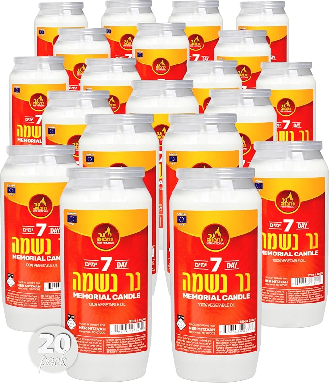 Ner Mitzvah 7 Day Yartzeit Candle - 20 Pack Kosher Yahrtzeit Memorial and Yom Kippur Candle in Plastic Holder