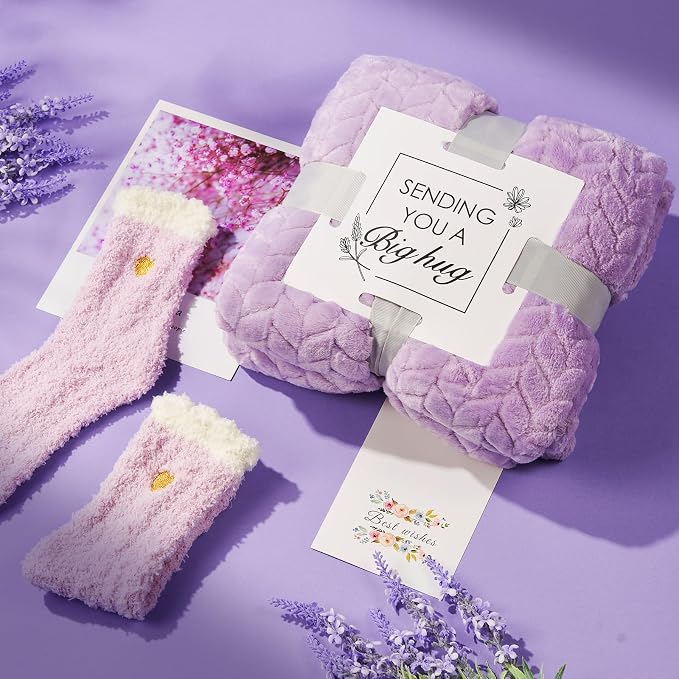 YFONG Birthday and Get Well Gifts for Women - Relaxing Spa Care Package With Luxury Flannel Blanket, Thinking of You Purple Relaxing Gift Set, Unique Self Care Gift Basket for Mom, Wife, Friends