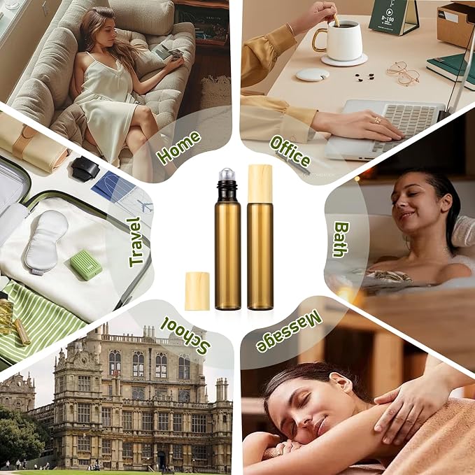 10mL(1/3 Oz) Amber Glass Roll On Bottles, 8 Pack Leak Proof Refillable Roller Bottles for Essential Oils, Perfume, DIY Craft, Samples, Eye Roller, Travel Portable