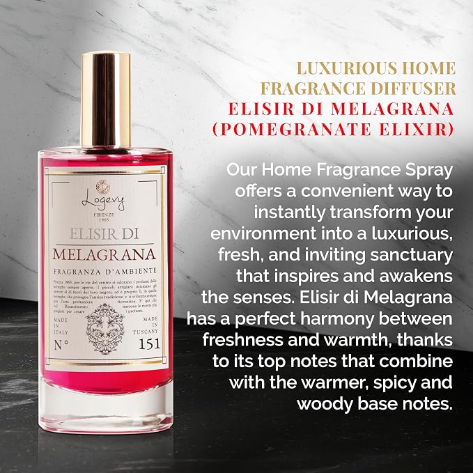 Logevy Firenze 1965 Elisir Di Melagrana – The Pomegranate Elixir Home Fragrance Spray from Master Perfumer in Italy with Spicy & Woody Notes to Captivate the Senses & Enliven Any Room – 100ml