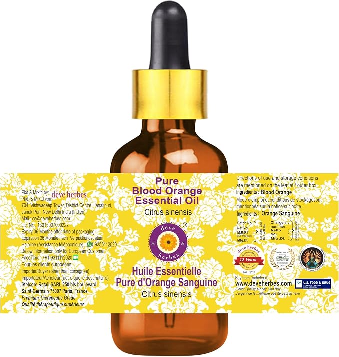 Deve Herbes Pure Blood Orange Essential Oil (Citrus sinensis) Steam Distilled with Glass Dropper (Pack of Three) 100ml X 3 (10 oz)