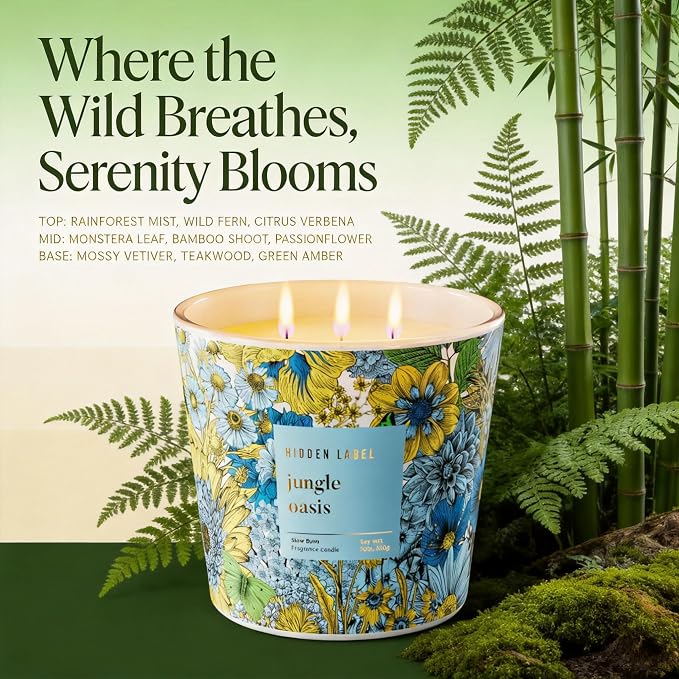 Hidden Label Jungle Oasis Candle, 30oz 3 Wick Large Soy Candle Non Toxic for Home, Scented Candles Aromatherapy Floral Decorative, 100H Relaxing Candles Gift