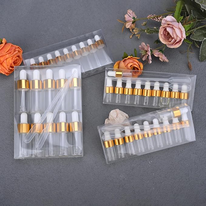 10pcs Mini Glass Dropper Bottle for Essential Oil,1ml Small Clear Sample Dropper Vails with Gold Cap,Perfume Cosmetic Liquid Containers for Traveling (10ml, 10)