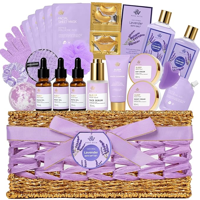 Gifts for Women, Lavender 32 Pcs Bath & Body Gifts Basket Set for Women, Hydrating Facial Skin Care Set, Spa Basket Self-Care Set, Face Sheet Mask, Birthday Gifts, Christmas, Mothers Day, Anniversary