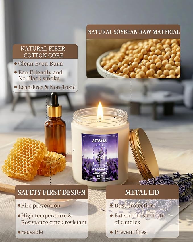 Lavender Scented Candles for Women -Aromatherapy Candle, Natural Soy Candles for Home Scented 7oz, Long Lasting Non-Toxic Clean Burning, Mom Birthday Candles Valentines Day Gifts