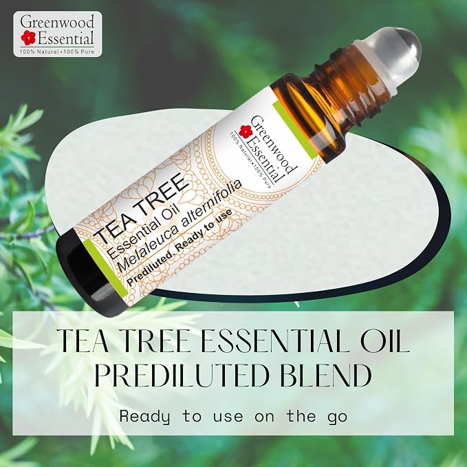 Greenwood Essential Tea Tree Essential Oil (Melaleuca alternifolia) Pre Diluted Ready to Use Roll-on Blend for Aromatherapy and Topical Skin Application for Kids and Adults 10ml (0.33 oz)