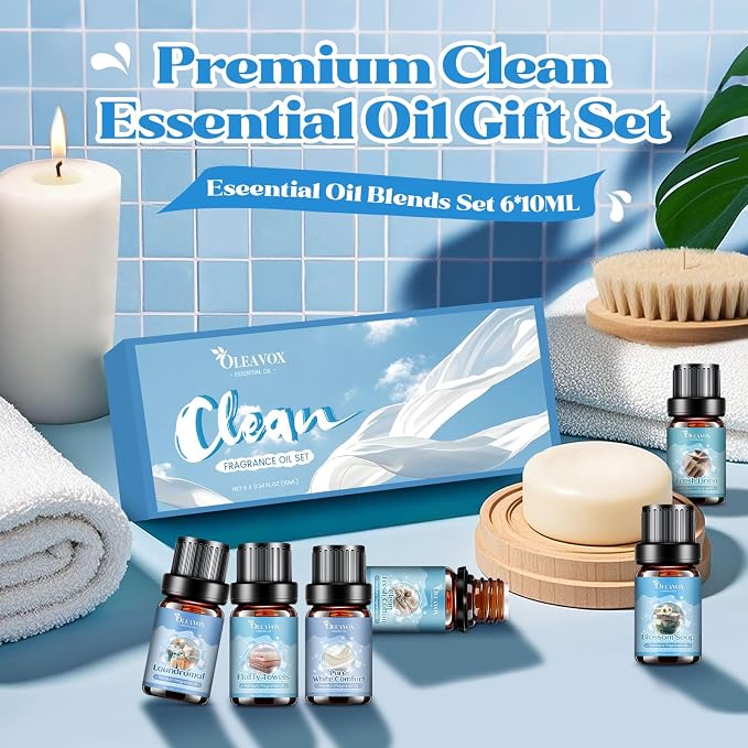 Clean Essential Ois for Laundry, Fragrance Oil for Diffuser for Home,Candle & Soap Making, Fresh Linen, Fresh Cotton, Laundromat, Blossom Soap,Pure White Comfort, Fluffy Towels, Strong Scented Oils