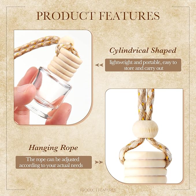 BBTO 50 Pcs Hanging Car Freshener Car Diffuser Bottles with Wooden Caps Empty Glass Perfume Bottle Freshener Diffuser Bottle Pendant for Essential Oil Fragrance Aromatherapy Ornament (Cylinder)