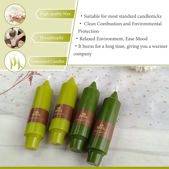 Olive Green & Grass Green Candles 5 inch Short Candle Unscented Taper Candles Ideal as Dinner Candles Smokeless Long Burning Candlesticks for Weddings Dinner Party Home Decor