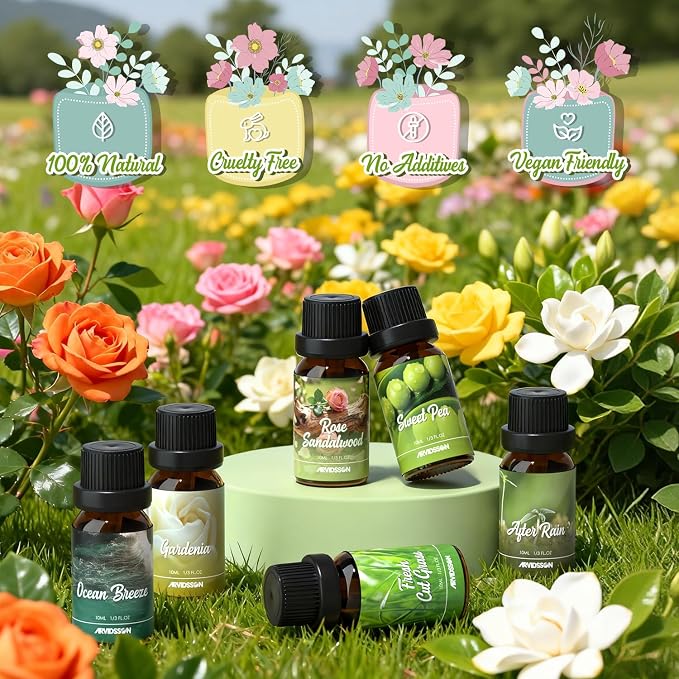 ARVIDSSON Spring Essential Oils Set, Natural Fragrance Oil for Diffuser - After Rain, Ocean Breeze, Fresh Cut Grass, Gardenia, Sweet Pea, Rose Sandalwood, Spring Scented Oil Gift Set