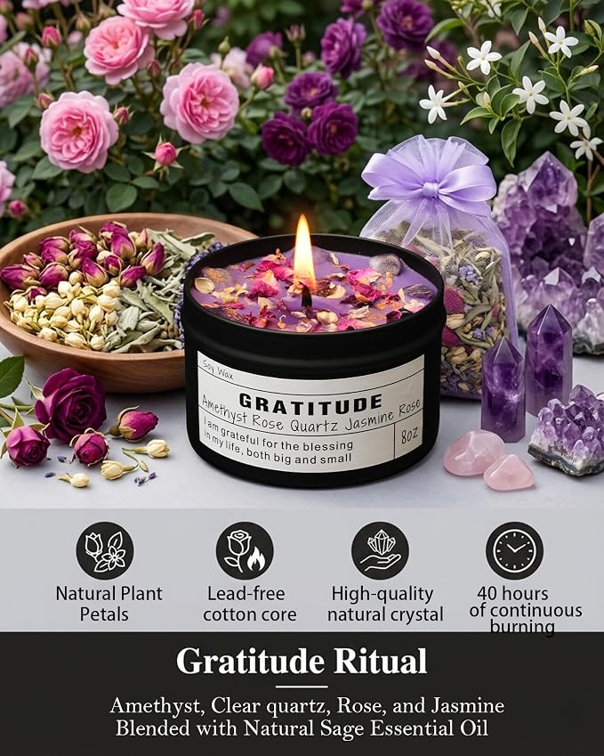 Gratitude Candle, Thank You Gift, Appreciation Gift for Her, Self Care, Meditation, Spiritual, Crystal Candle. (8oz)