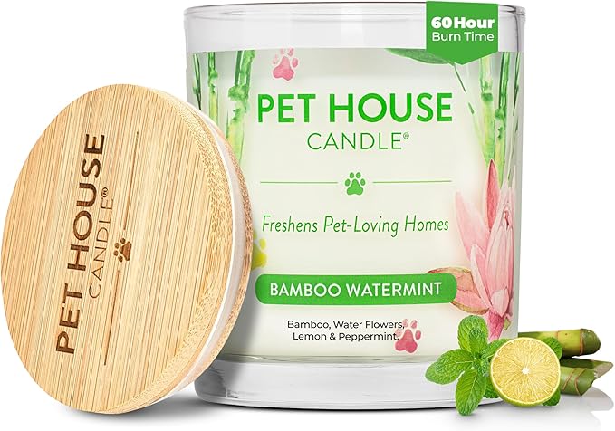Pet House Candles, Plant-Based Pet Candle Clean Burning, 60 Hour Burn Time with a Natural Fiber Wick - Bamboo Watermint