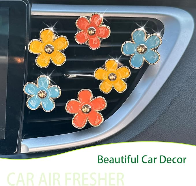 ORIESSE 6pcs Car Air Freshener Vent Clips, Daisy Flower Air Diffuser - Blue, Orange, Yellow - Refillable 3.3cm/3cm Car Accessories for Women
