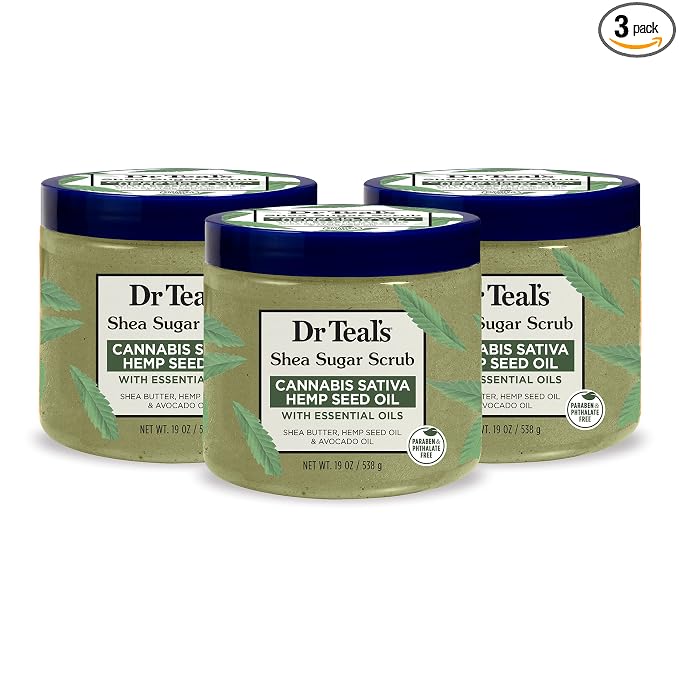 Dr Teal's Shea Sugar Body Scrub, Cannabis Sativa Hemp Seed Oil with Essential Oils, 19 oz (Pack of 3)