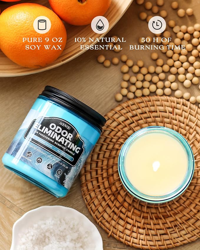 AOOVOO 4 Pack Fantasy Ocean/Green Apple Odor Eliminating Highly Fragranced Candle - Eliminates 95% of Pet, Smoke, Food, and Other Smells Quickly, Non Toxic Air Freshing Soy Candle