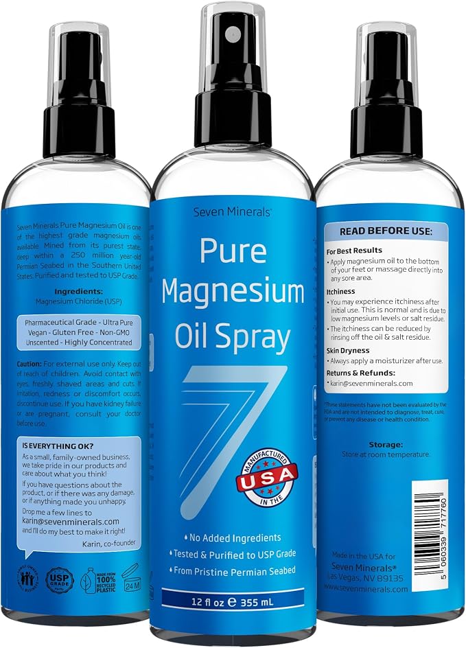 Seven Minerals Pure Magnesium Oil Spray, Big 12oz, USP Grade, Extra Strength, for Sleep, Feet, Muscle Pain, Cramps, Restless Legs - Mined in The USA. About 33,000mg of Mg | USP-grade magnesium chloride, Extra Strength for restless legs, sore muscles & ...