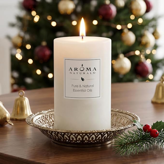 Aroma Naturals Holiday Essential Oil Vanilla & Peppermint Scented Pillar Candle, Cool Wish, 2.5 inch x 4 inch