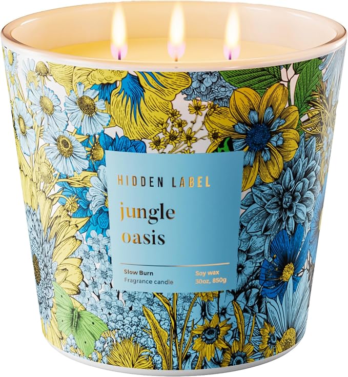 Hidden Label Jungle Oasis Candle, 30oz 3 Wick Large Soy Candle Non Toxic for Home, Scented Candles Aromatherapy Floral Decorative, 100H Relaxing Candles Gift